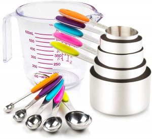 Measuring Cups and Spoons Set 11 Piece. Includes 10 Stainless Steel Measuring Spoons and Cups Set and 1 Plastic Measuring Cup. Liquid Measuring Cups Set and Dry Metal Measuring Cup Set