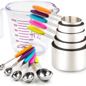 Measuring Cups and Spoons Set 11 Piece. Includes 10 Stainless Steel Measuring Spoons and Cups Set and 1 Plastic Measuring Cup. Liquid Measuring Cups Set and Dry Metal Measuring Cup Set